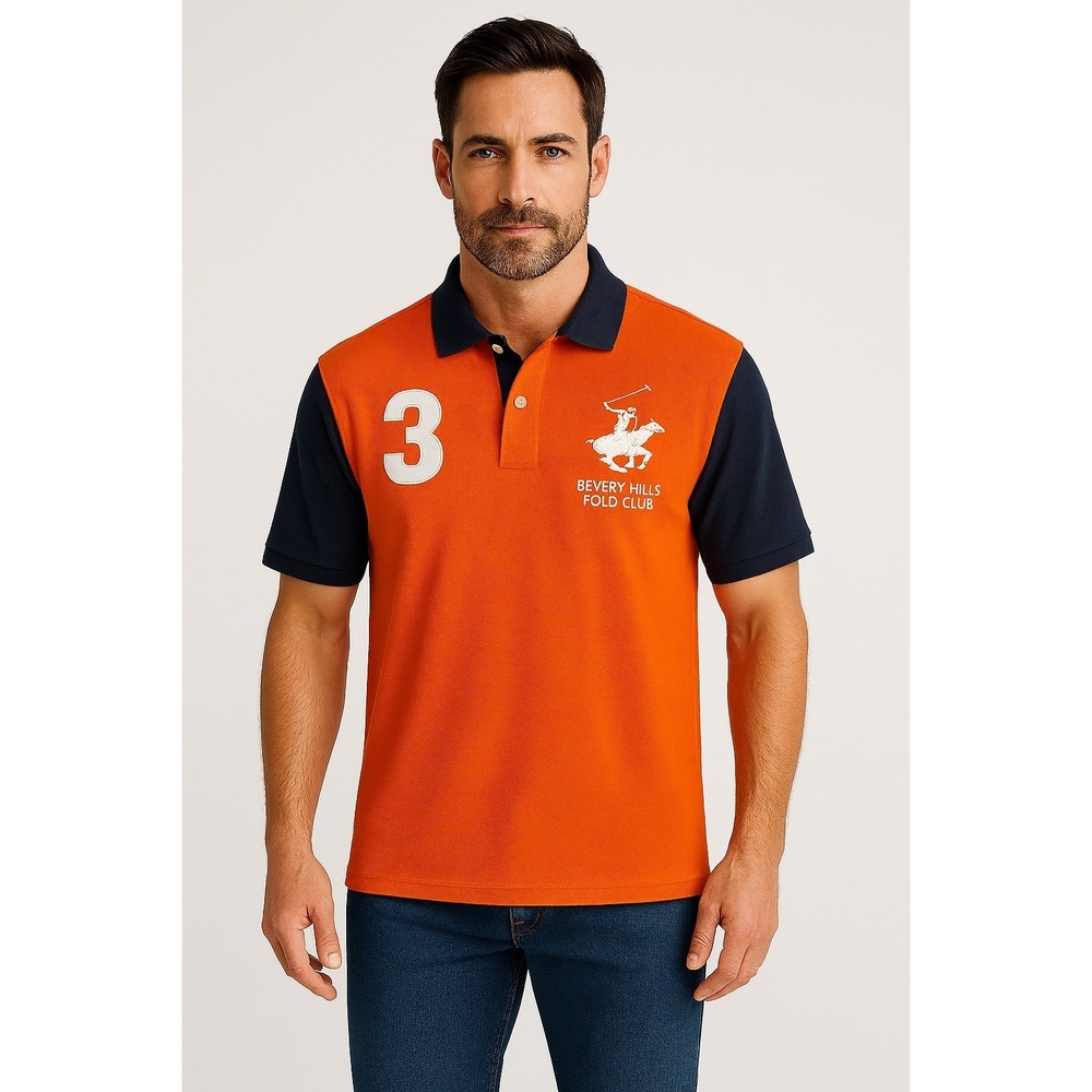 Beverly Hills Polo Club Men Orange Navy Color Block Polo Shirt Size Medium